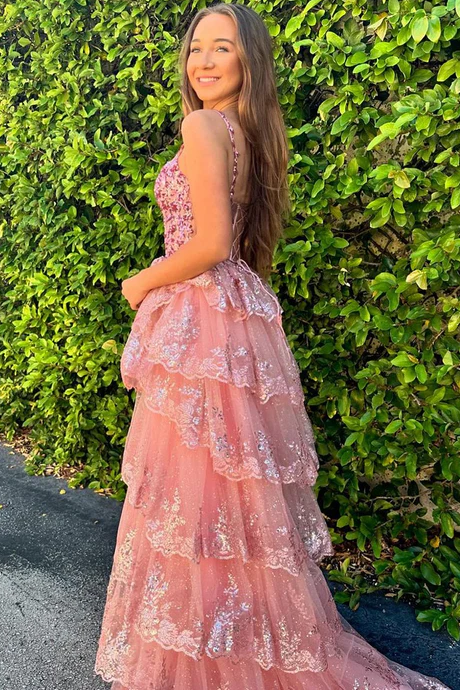 Spaghetti Straps A-Line V-Neck Tiered Princess Prom Dress with Appliques