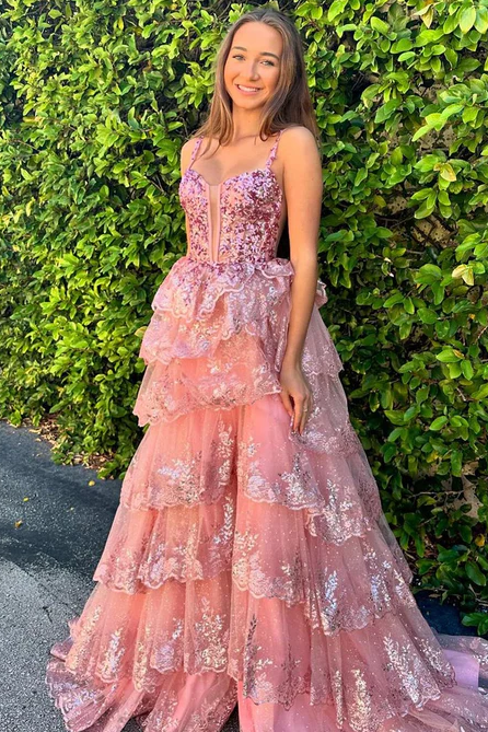 Spaghetti Straps A-Line V-Neck Tiered Princess Prom Dress with Appliques