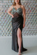 Spaghetti Straps Beads Sweetheart Pleats Mermaid Prom Dress with Slit