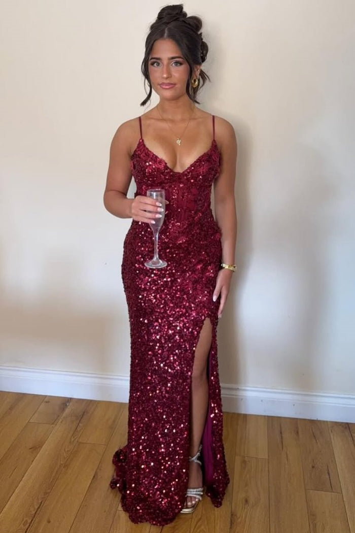 Spaghetti Straps Burgundy V-Neck Sequined Long Prom Dress with Slit