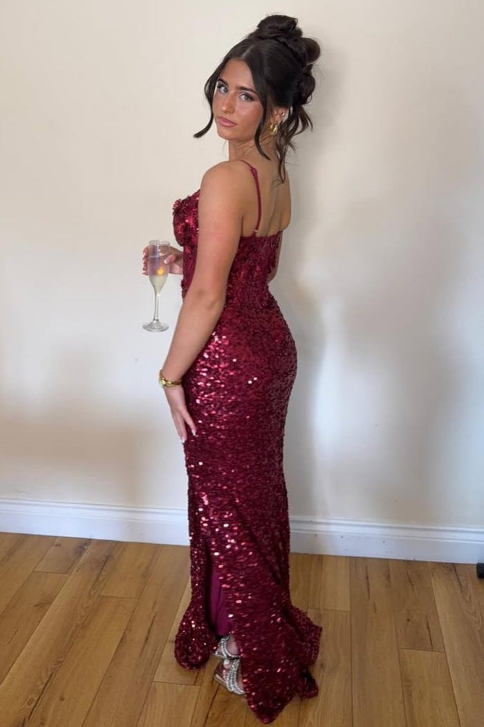 Spaghetti Straps Burgundy V-Neck Sequined Long Prom Dress with Slit