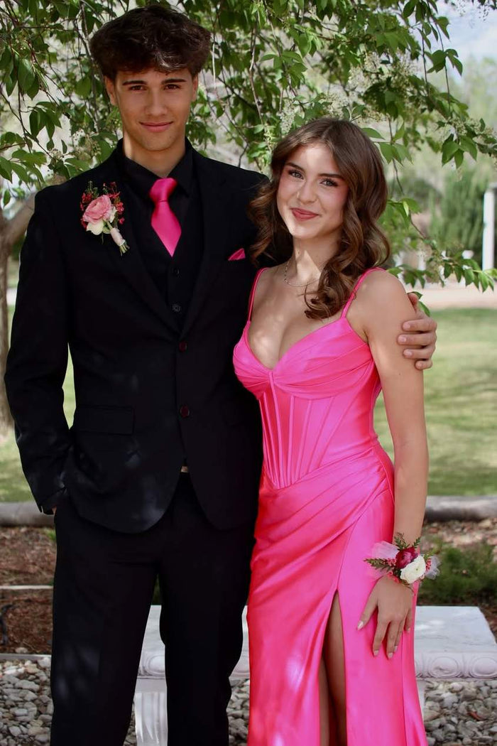 Spaghetti Straps Hot Pink V-Neck Pleats High Slit Long Prom Dress