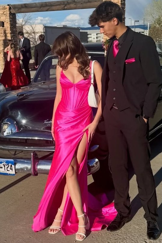 Spaghetti Straps Hot Pink V-Neck Pleats High Slit Long Prom Dress
