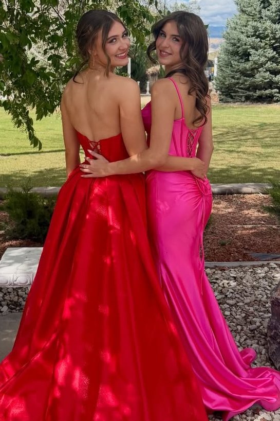 Spaghetti Straps Hot Pink V-Neck Pleats High Slit Long Prom Dress