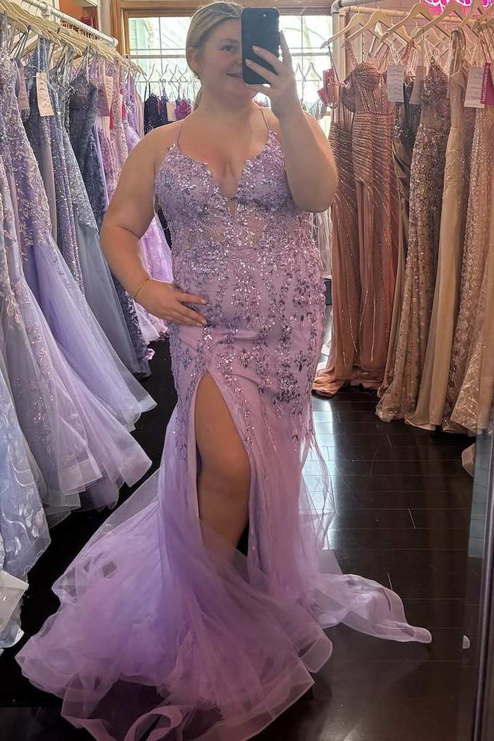Spaghetti Straps Lilac V-Neck Appliques Mermaid Prom Dress with Slit