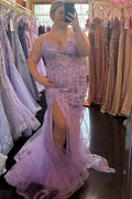 Spaghetti Straps Lilac V-Neck Appliques Mermaid Prom Dress with Slit