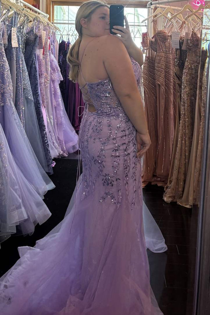 Spaghetti Straps Lilac V-Neck Appliques Mermaid Prom Dress with Slit