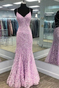 Spaghetti Straps Lilac V-Neck Lace Appliques Mermaid Prom Dress