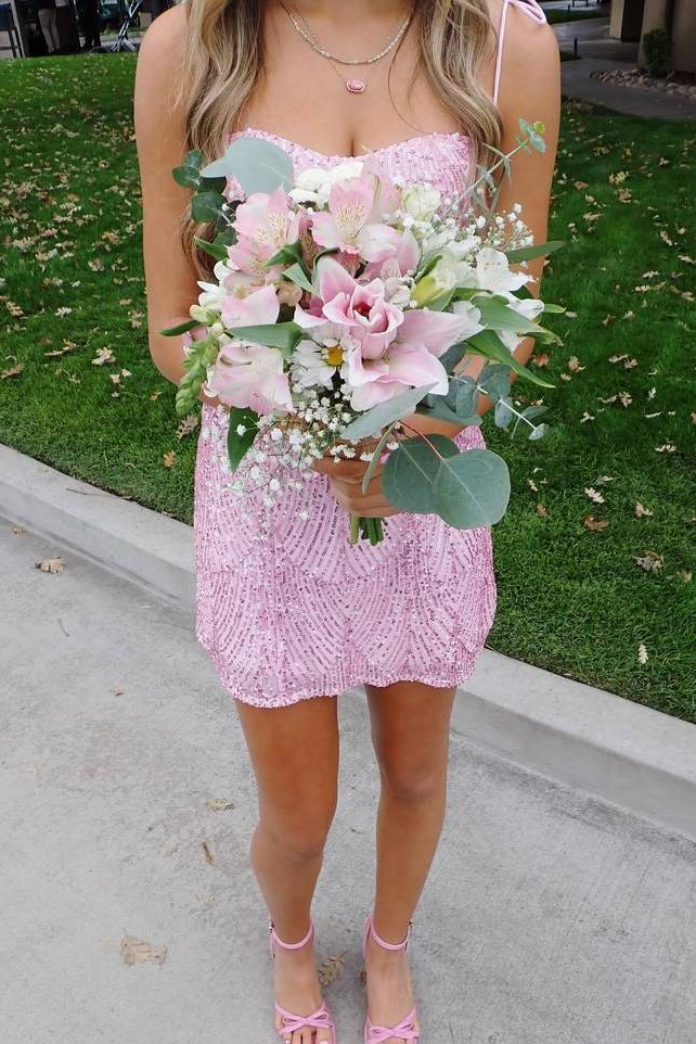 Spaghetti Straps Pink Sequins Sleeveless Short Homecoming Party Dress
