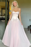 Spaghetti Straps Pink Sweetheart Pleated Chiffon Sleeveless Prom Dress