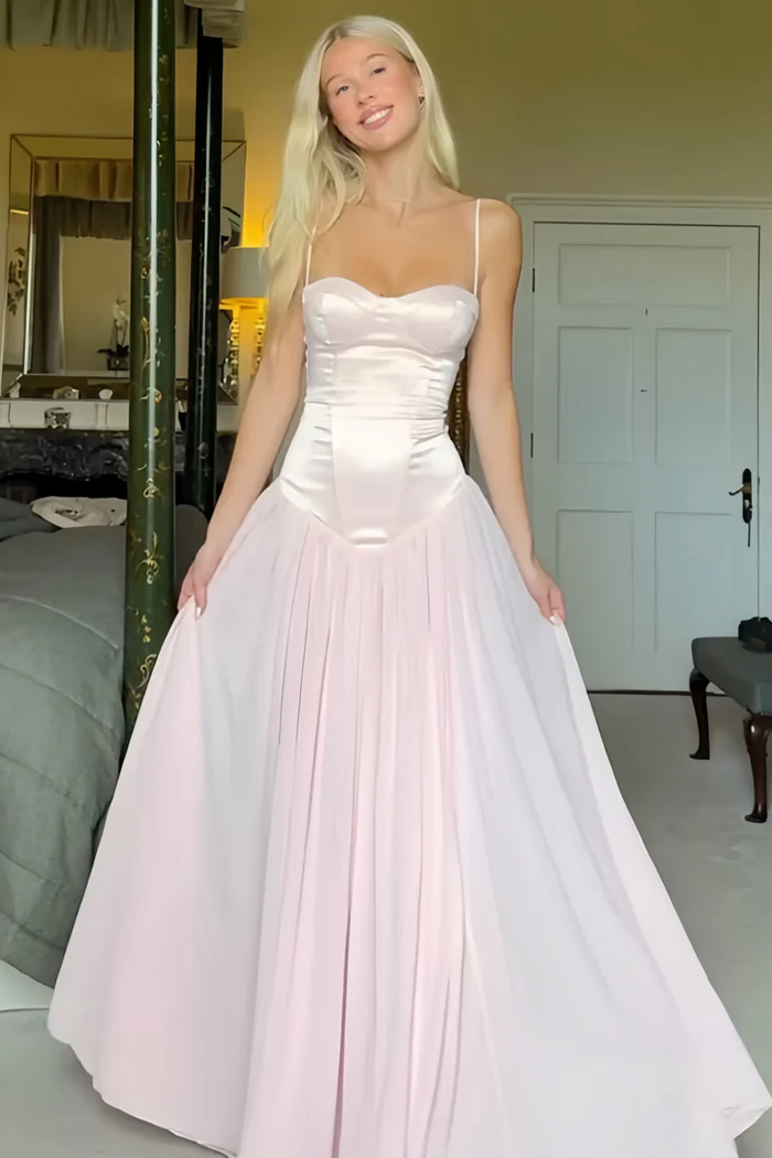 Spaghetti Straps Pink Sweetheart Pleated Chiffon Sleeveless Prom Dress
