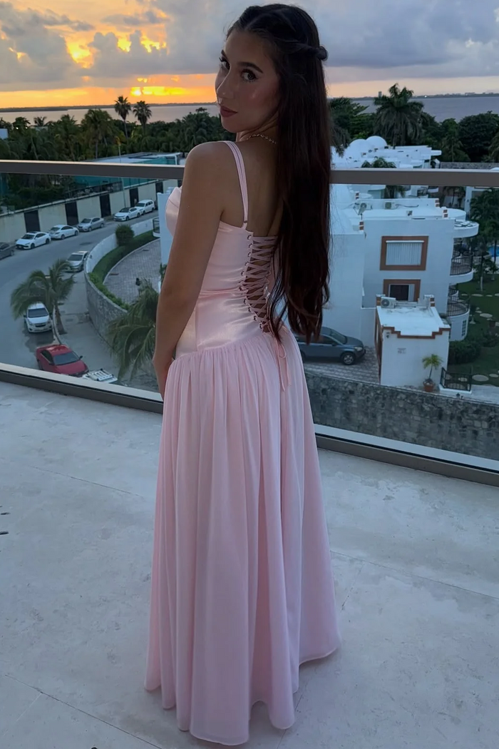 Spaghetti Straps Pink Sweetheart Pleated Chiffon Sleeveless Prom Dress