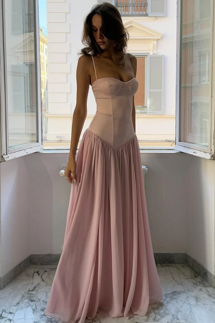 Spaghetti Straps Pink Sweetheart Pleated Chiffon Sleeveless Prom Dress