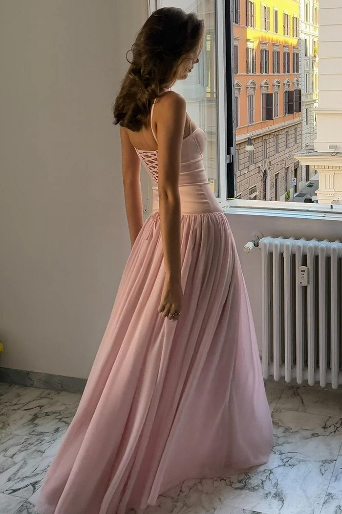 Spaghetti Straps Pink Sweetheart Pleated Chiffon Sleeveless Prom Dress