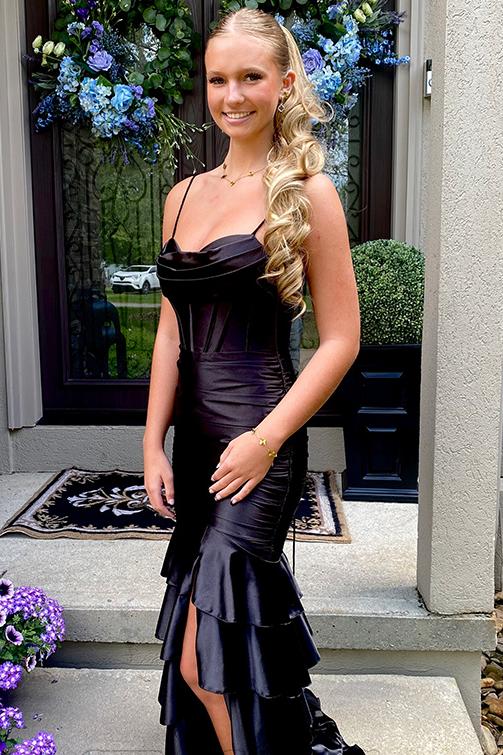 Spaghetti Straps Pleated Satin Ruffles Mermaid Side Slit Long Prom Dress