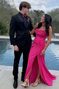 Spaghetti Straps Pleats Sleeveless Satin Prom Dress with Slit