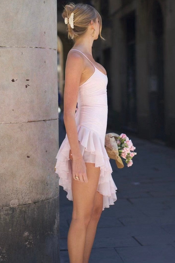 Spaghetti Straps Ruffles Scoop Neck Sleeveless Homecoming Party Dress