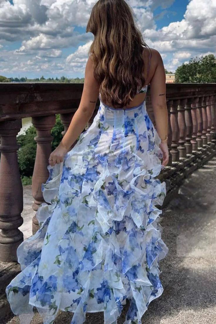 Spaghetti Straps Ruffles V-Neck Print Formal Prom Party Dress