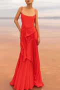 Spaghetti Straps Scoop Neck Ruffles Pleats Sleeveless Prom Evening Dress