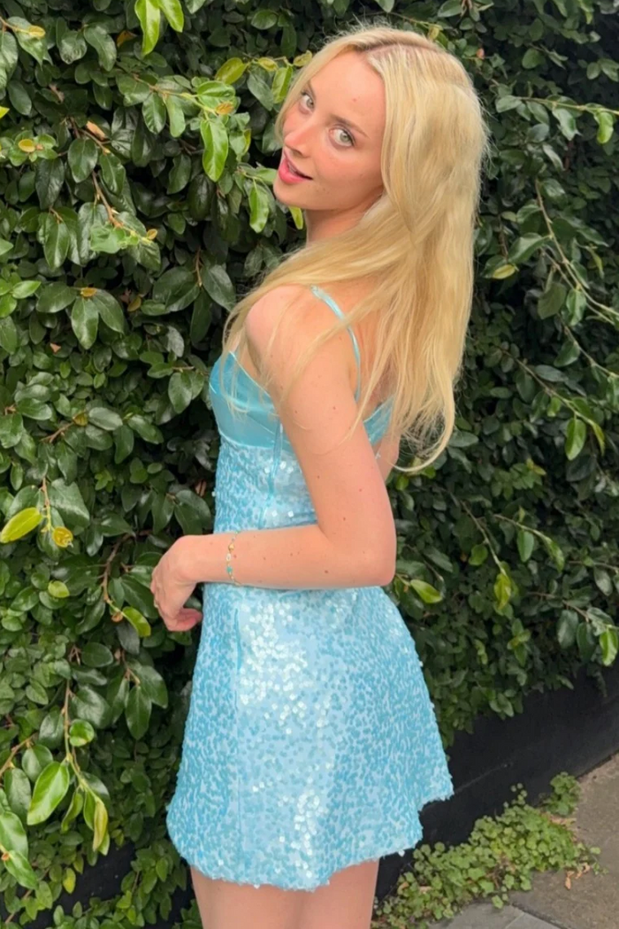 Spaghetti Straps Sequined Pleats Sleeveless Mini Homecoming Party Dress