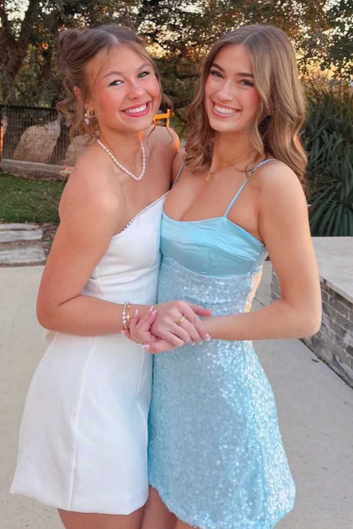 Spaghetti Straps Sequined Pleats Sleeveless Mini Homecoming Party Dress