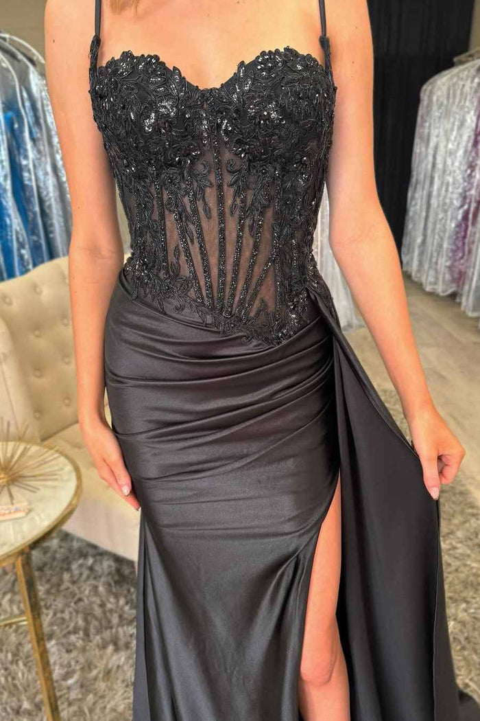 Spaghetti Straps Sweetheart Appliques Pleated Prom Dress with Side Slit