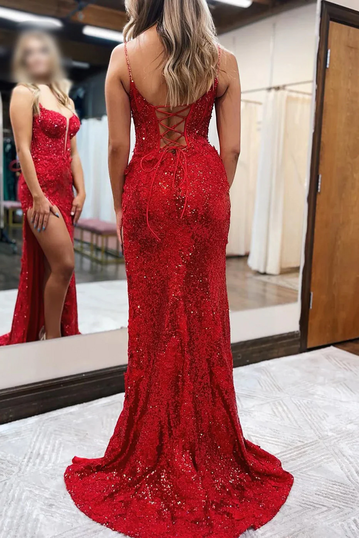 Spaghetti Straps V-Neck Appliques High Slit Mermaid Long Prom Dress