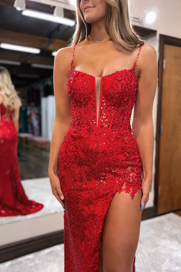 Spaghetti Straps V-Neck Appliques High Slit Mermaid Long Prom Dress