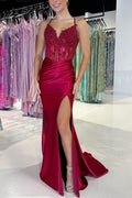 Spaghetti Straps V-Neck Appliques Pleated Mermaid Prom Dress
