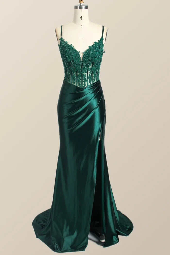 Spaghetti Straps V-Neck Appliques Pleated Mermaid Prom Dress