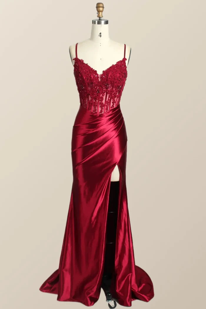 Spaghetti Straps V-Neck Appliques Pleated Mermaid Prom Dress
