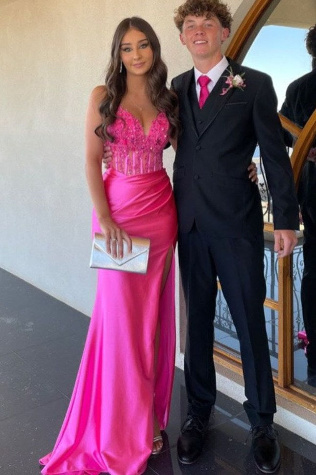 Spaghetti Straps V-Neck Appliques Pleated Mermaid Prom Dress