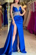 Spaghetti Straps V-Neck Beads High Slit Pleated Sleeveless Prom Dress