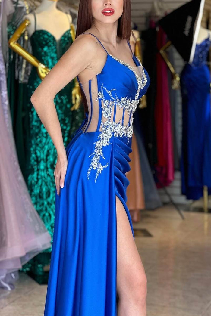 Spaghetti Straps V-Neck Beads High Slit Pleated Sleeveless Prom Dress