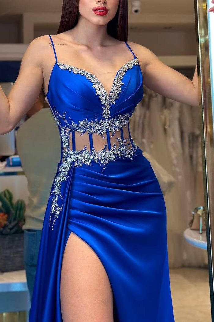 Spaghetti Straps V-Neck Beads High Slit Pleated Sleeveless Prom Dress
