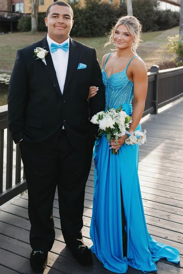 Spaghetti Straps V-Neck Beads Sleeveless Mermaid Prom Dress with Slit