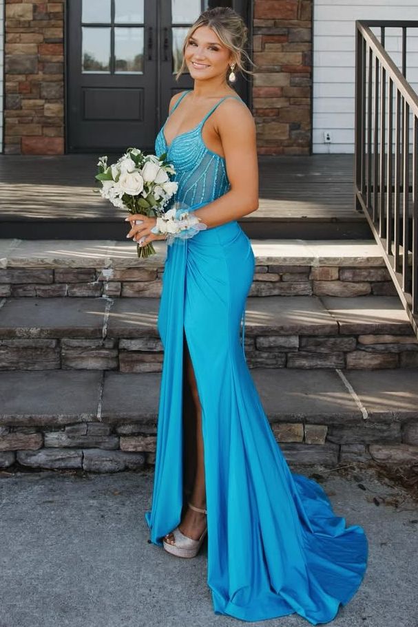 Spaghetti Straps V-Neck Beads Sleeveless Mermaid Prom Dress with Slit