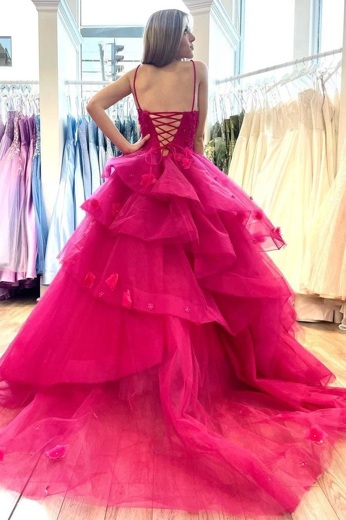 Spaghetti Straps V-Neck Layered Appliques Sleeveless Ball Gown