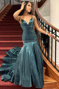 Spaghetti Straps V-Neck Pleats Sleeveless Mermaid Prom Dress