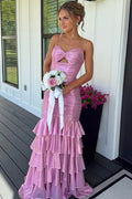 Spaghetti Straps V-Neck Ruffles Metallic Sleeveless Long Prom Dress