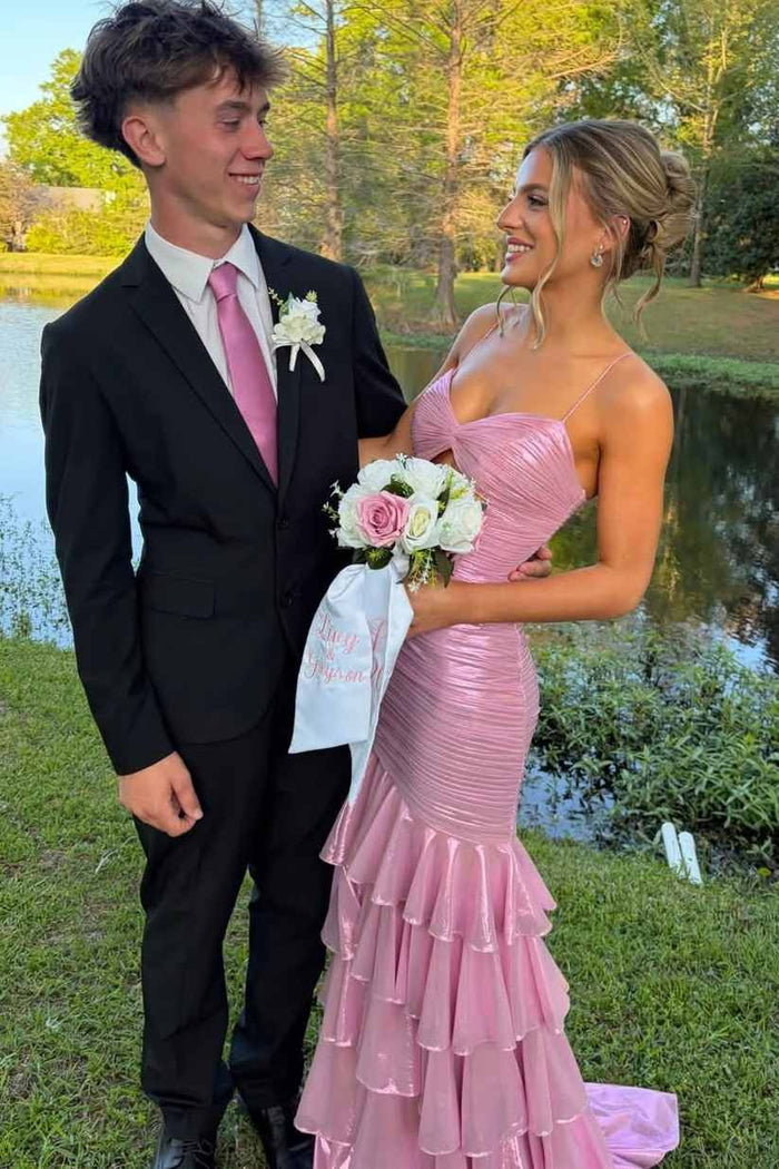 Spaghetti Straps V-Neck Ruffles Metallic Sleeveless Long Prom Dress