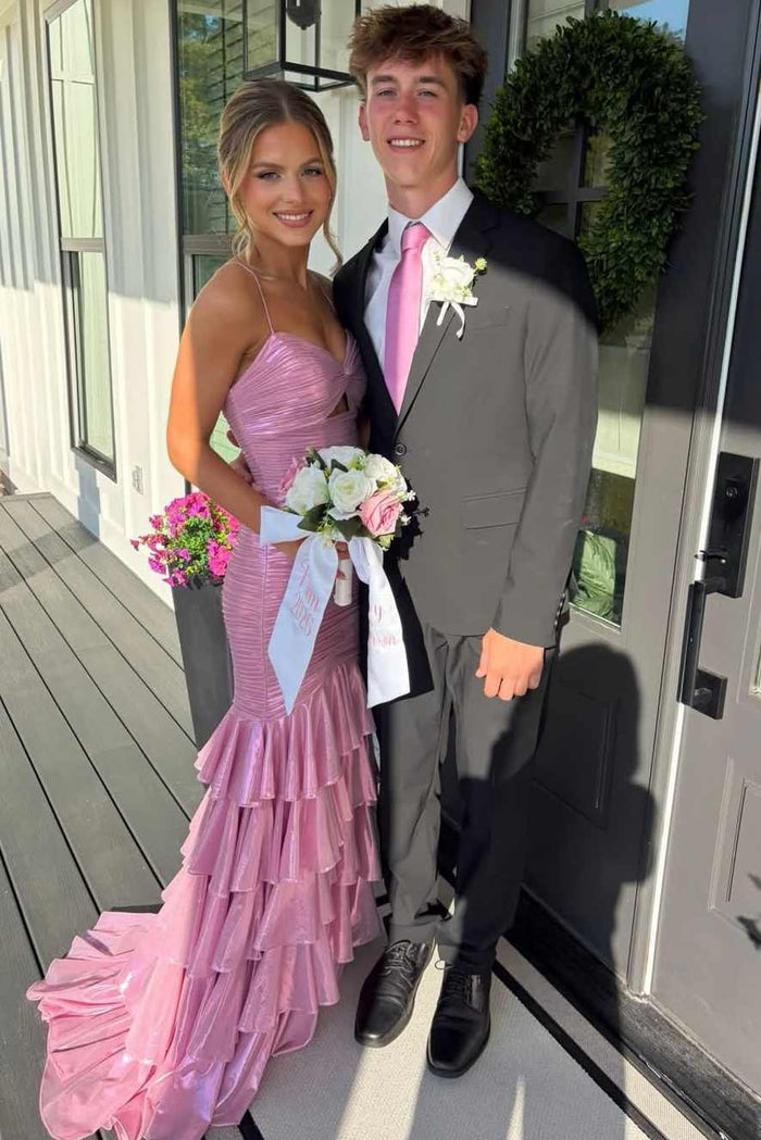 Spaghetti Straps V-Neck Ruffles Metallic Sleeveless Long Prom Dress