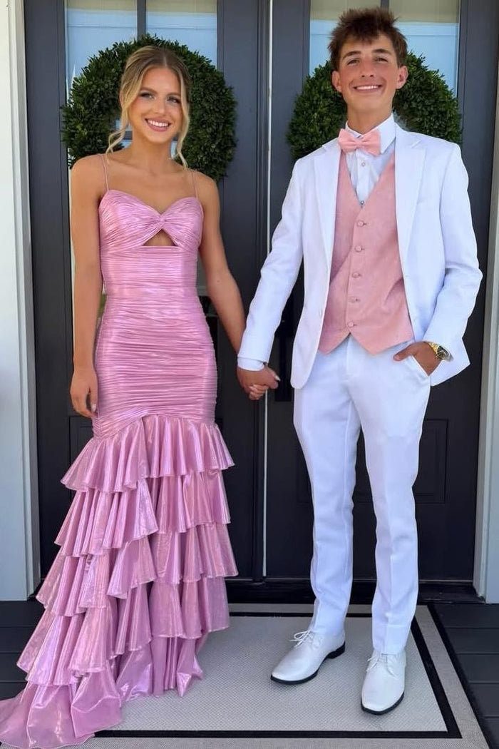 Spaghetti Straps V-Neck Ruffles Metallic Sleeveless Long Prom Dress