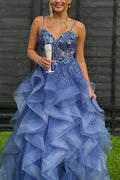 Spaghetti Straps V-Neck Ruffles Tulle Sleeveless Long Prom Dress