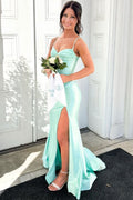 Spaghetti Straps V-Neck Satin Pleats Sleeveless Mermaid Prom Dress with Slit