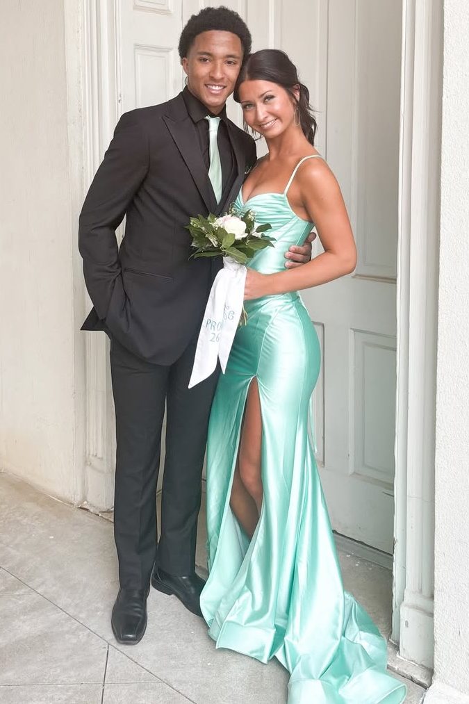 Spaghetti Straps V-Neck Satin Pleats Sleeveless Mermaid Prom Dress with Slit