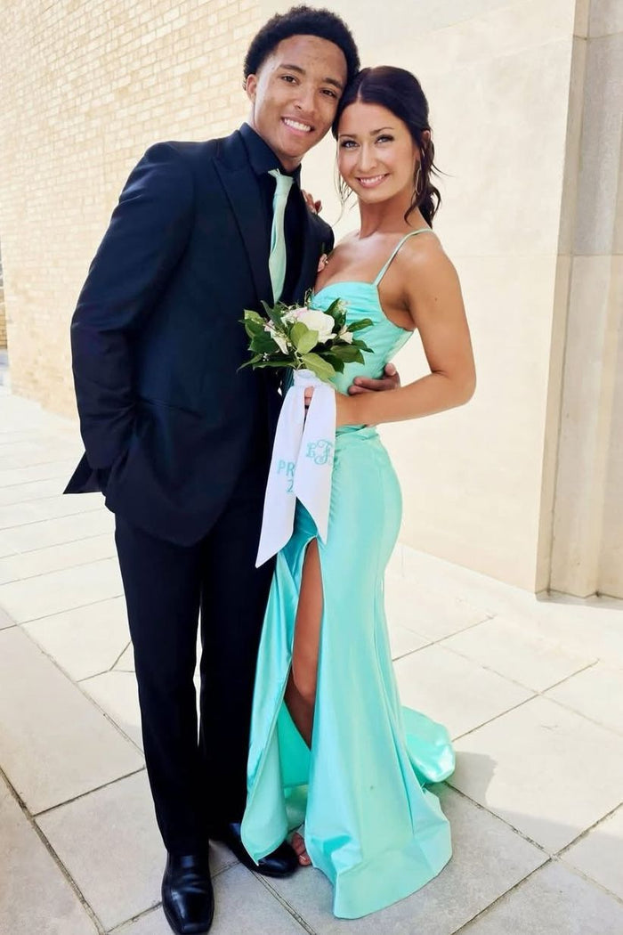 Spaghetti Straps V-Neck Satin Pleats Sleeveless Mermaid Prom Dress with Slit