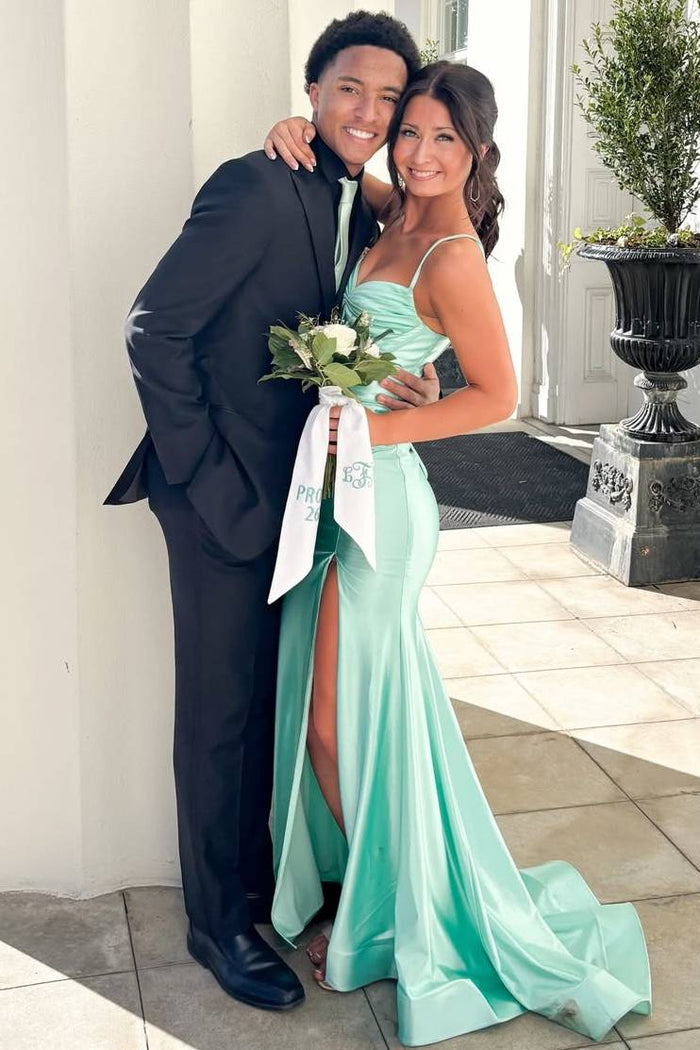 Spaghetti Straps V-Neck Satin Pleats Sleeveless Mermaid Prom Dress with Slit