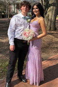 Spaghetti Straps V-Neck Sequined Sleeveless Sparkly Prom Dress