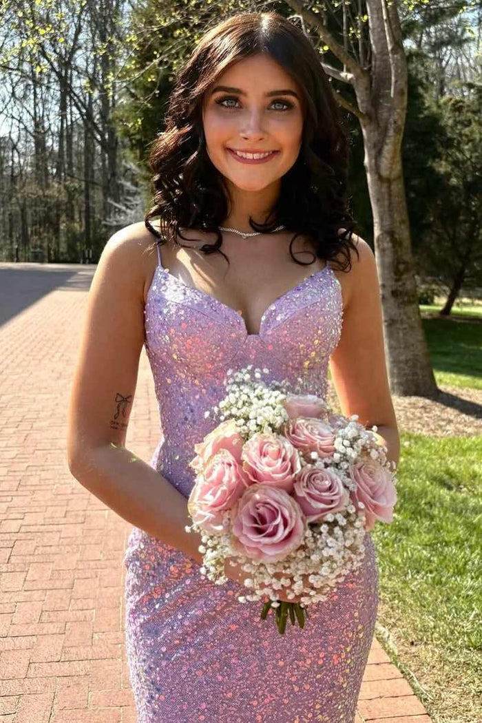 Spaghetti Straps V-Neck Sequined Sleeveless Sparkly Prom Dress